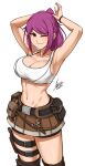  1girl ;) absurdres airisubaka armpits arms_up artist_name bare_arms bare_shoulders belt_pouch bike_shorts bike_shorts_under_skirt breasts brown_eyes collarbone commentary crop_top english_commentary eyebrows_visible_through_hair highres holster large_breasts leah_(airisubaka) looking_at_viewer midriff miniskirt navel one_eye_closed original ponytail pouch purple_hair signature simple_background skirt smile solo tank_top thigh-highs thigh_holster thigh_strap thighs v-shaped_eyebrows white_background white_tank_top 