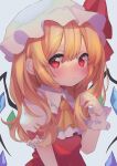  1girl ascot bangs blonde_hair blush crystal eyebrows_visible_through_hair flandre_scarlet frilled_shirt_collar frills grey_background hair_between_eyes hand_up hat highres long_hair looking_at_viewer mob_cap moni_monico one_side_up puffy_short_sleeves puffy_sleeves red_eyes red_ribbon red_skirt red_vest ribbon shirt short_sleeves skirt solo touhou upper_body vest white_headwear white_shirt wings wrist_cuffs 