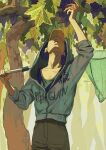  1boy arm_up butterfly_net food fruit grapes hand_net highres holding jacket looking_up male_focus mulso one_piece outdoors penguin_(one_piece) plant solo 
