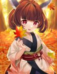  1girl :d absurdres amazakura autumn autumn_leaves backlighting bangs blunt_bangs blush brown_hair falling_leaves highres holding holding_leaf japanese_clothes kimono knife_hair_ornament leaf long_sleeves looking_at_viewer maple_leaf obi open_mouth outdoors red_eyes sash short_hair smile solo touhoku_kiritan voiceroid wide_sleeves 