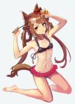  alternate_costume animal_ears armpits blush breasts brown_hair collarbone hair_ornament hair_ribbon highres horse_ears horse_tail kneeling long_hair looking_at_viewer navel okken ribbon simple_background small_breasts sweep_tosho_(umamusume) swimsuit tail twintails umamusume violet_eyes wand white_background 