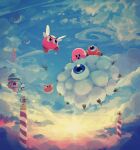  animal_ears balloon blue_eyes broom broom_riding character_request clouds cloudy_sky creature day flying highres kirby kirby_(series) monster one-eyed open_mouth pole sky smile spikes star_(symbol) sun sunlight suyasuyabi waddle_doo white_hair wings 