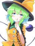  1girl :q bangs black_headwear blouse blue_eyes blush bow buttons closed_mouth commentary_request diamond_button eyeball eyebrows_visible_through_hair finger_to_mouth frilled_shirt_collar frilled_sleeves frills green_hair green_skirt hair_between_eyes hand_up hat hat_bow hat_ribbon highres komeiji_koishi long_sleeves looking_at_viewer medium_hair mokoo43451177 ribbon shirt simple_background skirt smile solo third_eye tongue tongue_out touhou upper_body wavy_hair white_background wide_sleeves yellow_bow yellow_ribbon yellow_shirt 