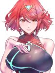  1girl absurdres bangs black_swimsuit breasts chest_jewel competition_swimsuit hand_on_own_chest headpiece highres large_breasts looking_at_viewer one-piece_swimsuit pyra_(pro_swimmer)_(xenoblade) pyra_(xenoblade) red_eyes red_swimsuit redhead short_hair solo striped striped_swimsuit swept_bangs swimsuit tiara two-tone_swimsuit ug333333 upper_body vertical-striped_swimsuit vertical_stripes white_background xenoblade_chronicles_(series) xenoblade_chronicles_2 