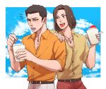  2boys belt black_hair blue_sky brain_freeze brown_hair clouds coco_(h221414) colored_tongue commentary_request drinking_straw friends hand_on_another&#039;s_shoulder highres jewelry kiryuu_kazuma male_focus medium_hair multiple_boys necklace nishikiyama_akira orange_shirt outside_border pants popped_collar red_pants ryuu_ga_gotoku ryuu_ga_gotoku_0 shaved_ice shirt short_hair sky sleeves_rolled_up summer white_pants yellow_shirt younger 