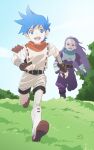  2boys blue_eyes blue_hair breath_of_fire breath_of_fire_iii clouds fingerless_gloves full_body gloves grass highres long_hair looking_at_viewer male_focus multiple_boys nori_(norimakigumo) open_mouth running ryuu_(breath_of_fire_iii) smile teepo wind 