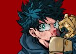  1boy blood blood_on_clothes blood_on_face boku_no_hero_academia commentary_request freckles gloves green_eyes green_hair looking_at_viewer male_focus midoriya_izuku oomura4000 red_background solo upper_body wiping_face yellow_gloves 