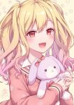  1girl :d blonde_hair hands_up hinata_mizuiro holding holding_stuffed_toy long_sleeves multicolored_hair pink_eyes pink_hair project_sekai smile solo stuffed_animal stuffed_toy tenma_saki twintails 