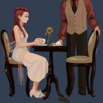  1boy 1girl ace_attorney chair coffee_cup cup dahlia_hawthorne diego_armando disposable_cup dress flower highres redhead renshu_usodayo sleeveless spill table vest white_dress wilted_flower 