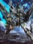  crystal glowing glowing_eyes green_eyes head_tilt highres holding holding_sword holding_weapon looking_at_viewer mecha no_humans raftclans science_fiction smoke super_robot_wars super_robot_wars_judgement sword weapon zb 