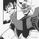  1970s_(style) 1boy artist_name clenched_hand greyscale hair_behind_ear kabuto_kouji mazinger_(series) mazinger_z mazinger_z_(mecha) mecha miroku_(miroku_t) monochrome open_mouth retro_artstyle science_fiction sideburns super_robot v-shaped_eyebrows white_background 
