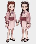  ace_attorney black_hair child dahlia_hawthorne grey_eyes highres holding_hands iris_(ace_attorney) japanese_clothes matching_hairstyle matching_outfit redhead renshu_usodayo sandals siblings simple_background sisters tearing_up younger 