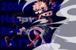  1boy bakugou_katsuki black_background blonde_hair boku_no_hero_academia boots commentary_request eye_mask from_side gloves green_gloves happy_birthday male_focus mask oomura4000 open_mouth red_eyes smoke solo spiky_hair teeth 