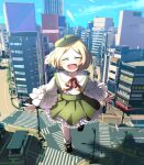  1girl beret black_footwear blonde_hair building city closed_eyes dress fate/grand_order fate_(series) giant giantess green_headwear green_skirt hat honchu long_sleeves mary_janes neck_ribbon open_mouth overall_skirt paul_bunyan_(fate) red_ribbon ribbon shirt shoes short_hair skirt smile solo white_dress white_shirt 