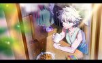  0shaya2 1other 2boys bare_shoulders blue_eyes breakfast chair character_request coffee commentary_request cup day dress eyebrows_visible_through_hair food gon_freecss green_dress highres hunter_x_hunter killua_zoldyck looking_at_viewer looking_up messy_hair mug multiple_boys muscular muscular_shota pink_footwear plate rain shirt siblings sitting solo_focus spiky_hair table teeth water_drop white_hair wooden_floor 