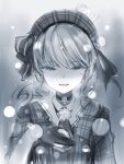  1girl blue_theme bow gloves hair_bow hand_on_own_chest hat highres hololive hoshimachi_suisei jacket looking_at_viewer monochrome nanashi_(nlo) necktie parted_lips partially_fingerless_gloves short_necktie smile solo 