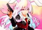  1girl animal_ears black_jacket collared_shirt gun highres holding holding_gun holding_weapon jacket light_purple_hair long_hair necktie qqqrinkappp rabbit_ears rabbit_girl red_eyes red_necktie reisen_udongein_inaba shirt solo touhou traditional_media very_long_hair weapon white_shirt 