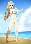  1girl :o bangs barefoot beach bikini blonde_hair blue_eyes blue_sky clouds commentary_request day full_body highres k-on! kicchi_(tmgk) kotobuki_tsumugi long_hair looking_at_viewer navel ocean official_alternate_hairstyle open_mouth ponytail sand shadow sky solo standing swimsuit thick_eyebrows water white_bikini 