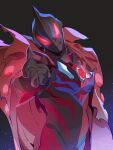  1boy alien black_background cape dorsal_fin evil evil_eyes evil_smile head_tilt highres male_focus open_hand red_cape red_eyes science_fiction smile solo tobu_0w0 tokusatsu ultra_galaxy_fight:_new_generation_heroes ultra_series ultraman_geed_(series) ultraman_geed_darkness 
