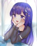  1girl absurdres blush constellation_hair_ornament crescent crescent_hair_ornament draw_with_joo hair_ornament head_rest highres indie_virtual_youtuber long_hair long_sleeves looking_at_viewer nail_polish open_mouth purple_hair smile star_(symbol) star_hair_ornament twixie violet_eyes virtual_youtuber 