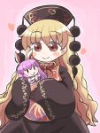  1girl black_dress black_headwear blush_stickers character_doll chinese_clothes closed_mouth dress eyebrows_visible_through_hair hair_between_eyes heart highres junko_(touhou) long_hair orange_hair phoenix_crown red_eyes reisen_udongein_inaba rokugou_daisuke signature sleeves_past_fingers sleeves_past_wrists smile solo tabard touhou wide_sleeves 