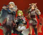  3girls :d asymmetrical_legwear bangle bangs black_gloves black_legwear blue_cape blue_eyes blue_gloves bracelet brown_eyes brown_gloves brown_hair cape closed_mouth commission detached_sleeves dress elbow_gloves fingerless_gloves fire_emblem fire_emblem_fates fire_emblem_heroes fox_mask gloves green_hair grey_hair hairband half_updo hana_(fire_emblem) headband interlocked_fingers japanese_clothes jewelry leggings long_hair long_sleeves looking_at_viewer mask micaiah_(fire_emblem) multiple_girls ninja nino_(fire_emblem) official_alternate_costume open_mouth own_hands_clasped own_hands_together picnicic shin_guards short_hair shuriken side_slit skeb_commission skirt sleeveless sleeveless_dress smile turtleneck_dress uneven_legwear weapon white_skirt yellow_eyes 
