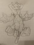  arms_up bandages bone_nig boots clenched_hand extra_arms grid_background highres navel open_mouth sketch teeth traditional_media 