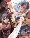  2girls akuma_homura argyle argyle_legwear bare_shoulders black_hair blood blood_on_face blue_eyes blue_hair bow bra breasts detached_sleeves english_text gloves hair_between_eyes hair_bow hair_ornament highres looking_at_viewer mahou_shoujo_madoka_magica mahou_shoujo_madoka_magica_movie medium_breasts miki_sayaka multiple_girls musical_note_hair_ornament mzk0526 one_eye_closed open_mouth purple_bow purple_bra purple_ribbon rain red_eyes ribbon saber_(weapon) small_breasts sword tearing_up thigh-highs torn_clothes translation_request underwear weapon wet white_gloves white_legwear 