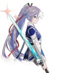  1girl bangs black_hair blue_eyes chinese_clothes closed_mouth fu_hua fu_hua_(azure_empyrea) fukazzi_2nd holding holding_sword holding_weapon honkai_(series) honkai_impact_3rd long_hair long_sleeves looking_at_viewer looking_to_the_side ponytail simple_background solo sword weapon white_background yin_yang 