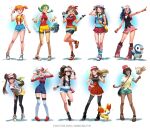  6+girls :d character_request english_commentary full_body hat highres hikari_(pokemon) hilda_(pokemon) long_hair looking_at_viewer mathias_leth may_(pokemon) misty_(pokemon) multiple_girls open_mouth pantyhose pokemon pokemon_(anime) pokemon_(classic_anime) pokemon_(creature) pokemon_(game) pokemon_dppt pokemon_sm rowlet shirt skirt smile standing thigh-highs 