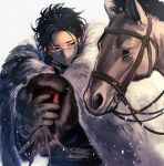  1boy black_eyes black_hair braid cloak covered_mouth eyeliner fur_cloak fur_hat gloves grey_gloves hat hat_feather highres holding holding_clothes holding_hat horse kenkon_no_washi long_sleeves looking_at_animal looking_away looking_to_the_side makeup male_focus mask mouth_mask sash single_braid snowing suzumori_521 upper_body white_background 