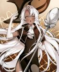  1girl bangs brown_background capelet cookie_run dark-skinned_female dark_skin gloves hat humanization latte_cookie lips long_hair looking_at_viewer meiyunn one_eye_closed personification solo staff white_hair witch_hat 