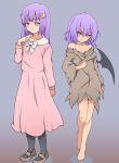  2girls :&lt; absurdres angry bare_shoulders barefoot bat_wings black_legwear bow bright_pupils crescent crescent_hair_ornament dress eyebrows_visible_through_hair gradient gradient_background hair_between_eyes hair_ornament highres long_dress long_hair long_sleeves mary_janes multiple_girls pantyhose patchouli_knowledge pink_dress purple_hair red_eyes remilia_scarlet sad shoes short_hair sidelocks simple_background suwaneko torn_clothes touhou violet_eyes white_pupils wings 