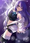  1girl bangs bare_shoulders breasts collarbone eyebrows_visible_through_hair hair_between_eyes hololive hololive_indonesia jacket jewelry large_breasts long_hair looking_at_viewer lukas_reule moona_hoshinova multicolored_hair navel open_mouth purple_hair solo thigh-highs thighs two-tone_hair violet_eyes virtual_youtuber zettai_ryouiki 