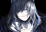  1boy 1tylenol_f alternate_hair_color arthropod_boy bangs black_background black_fur black_hair blue_eyes collared_shirt commentary_request crown dark_persona diamond_hairband evil_smile eyebrows_visible_through_hair face fate/grand_order fate_(series) fur_collar highres long_sleeves looking_at_viewer male_focus medium_hair no_wings oberon_(fate) oberon_(third_ascension)_(fate) official_alternate_costume shirt simple_background smile solo spoilers teeth white_shirt 