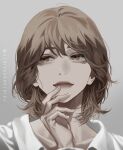  1girl blackbox_(blackbox9158) brown_eyes brown_hair finger_to_mouth grey_background highres omniscient_reader&#039;s_viewpoint portrait shirt short_hair sideways_glance smile solo symbol-only_commentary white_shirt yoo_sangah 