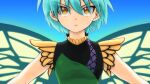 1girl aqua_hair butterfly_wings closed_mouth dress eternity_larva eyebrows_visible_through_hair fairy futoumeido green_dress hair_between_eyes multicolored_clothes multicolored_dress short_hair short_sleeves solo touhou upper_body wings yellow_eyes 