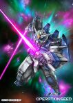  aqua_eyes battle_spirits beam_saber duel_gundam flying glowing glowing_eyes gundam gundam_seed holding holding_sword holding_weapon looking_at_viewer mecha official_art robo_misucha science_fiction solo space sword v-fin weapon 