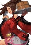  1girl bangs baozi bare_shoulders breasts brown_eyes brown_hair chinese_clothes detached_sleeves food from_side guilty_gear guilty_gear_xrd hair_ornament hair_ring hairclip hankuri holding kuradoberi_jam large_breasts leg_up long_hair looking_at_viewer looking_to_the_side open_mouth simple_background skin_tight skirt smile solo thigh_strap thighs tray twintails very_long_hair white_background wide_sleeves 