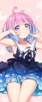  1girl absurdres ahoge armpits bare_legs blue_hair bracelet collarbone crown dodome-iro_mayonnaise dress eyebrows_visible_through_hair fingers_to_cheeks green_eyes grin hair_ornament hairclip heterochromia highres himemori_luna hololive jewelry mini_crown necklace non-web_source pink_eyes pink_hair sailor_collar short_hair smile solo virtual_youtuber 