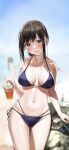  1girl beach bikini blue_bikini blurry blurry_background breasts bubble_tea collarbone cup drinking_straw highres holding holding_cup large_breasts looking_at_viewer mole mole_on_breast navel ocean original rouka_(akatyann) solo_focus swimsuit wet yellow_eye 