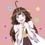  1girl ahoge brown_hair brown_skirt commentary_request double_bun grey_eyes hairband headgear kantai_collection kongou_(kancolle) long_hair looking_at_viewer pink_background ribbon-trimmed_sleeves ribbon_trim skirt smile solo starry_background tamu_(mad_works) upper_body 
