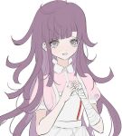  1girl apron bandages bangs collared_shirt danganronpa_(series) danganronpa_2:_goodbye_despair eyebrows_visible_through_hair grey_background hands_up kkonmeo long_hair looking_at_viewer mole mole_under_eye open_mouth own_hands_together pink_eyes pink_shirt puffy_short_sleeves puffy_sleeves shirt short_sleeves simple_background smile solo tsumiki_mikan upper_body 