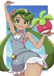  1girl :d arm_up bangs blush border bounsweet breasts collarbone cowboy_shot dark-skinned_female dark_skin eyelashes flower fu_(tk1189227dhy) green_eyes green_hair green_headband grey_overalls hand_up happy headband highres holding holding_pokemon long_hair looking_at_viewer mallow_(pokemon) open_mouth outside_border overall_shorts overalls pink_flower pink_shirt pokemon pokemon_(creature) pokemon_(game) pokemon_sm shirt smile sparkle swept_bangs symbol-only_commentary teeth tongue twintails upper_teeth white_border wide_hips 