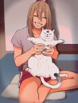  1girl 1other animal cat chainsaw_man closed_eyes drgryu750 eyebrows_visible_through_hair highres holding holding_animal holding_cat horns indian_style long_hair on_floor pillow power_(chainsaw_man) red_horns sharp_teeth short_sleeves shorts sitting sitting_on_pillow smile solo table teeth white_cat 