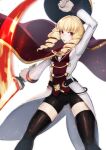  1girl bike_shorts blonde_hair breasts cape deadpan drill_hair erika_wagner fire flame hand_on_hip highres holding holding_weapon long_hair red_eyes shield simple_background small_breasts solo sword thigh-highs twin_drills twintails udakyo under_night_in-birth weapon white_background zettai_ryouiki 