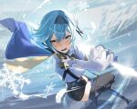  1girl bangs black_legwear blue_hair cape daniel_deng eula_(genshin_impact) genshin_impact glaring gloves glowing hairband high_heels highres holding holding_sword holding_weapon leotard long_sleeves open_mouth scenery snow solo sword thigh-highs vambraces weapon wide_sleeves yellow_eyes 