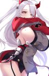  1girl azur_lane bangs breasts buttons double-breasted garter_straps highres large_breasts long_hair long_sleeves looking_at_viewer mole mole_on_breast orange_eyes prinz_eugen_(azur_lane) sideboob solo thighs two_side_up wee_(weeyy) white_background 