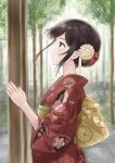  1girl absurdres bangs black_hair flower free_palet from_side furisode grey_eyes hair_bun hair_flower hair_ornament highres japanese_clothes kimono looking_up new_year obi original outdoors own_hands_together parted_bangs praying profile sash solo thick_eyebrows tree wide_sleeves 