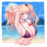  1girl arm_up bangs beach bear_hair_ornament between_breasts bikini black_hair blonde_hair blue_eyes blush breasts chibi collarbone commentary cropped_torso danganronpa_(series) danganronpa_s:_ultimate_summer_camp day enoshima_junko eyebrows_visible_through_hair gon_(congchuabuoito) grin hair_ornament hand_in_own_hair highres jewelry long_hair looking_at_viewer mountain navel necklace ocean official_alternate_costume one_eye_closed outdoors purple_bikini red_lips shiny shiny_hair smile solo swimsuit teeth twintails upper_body 